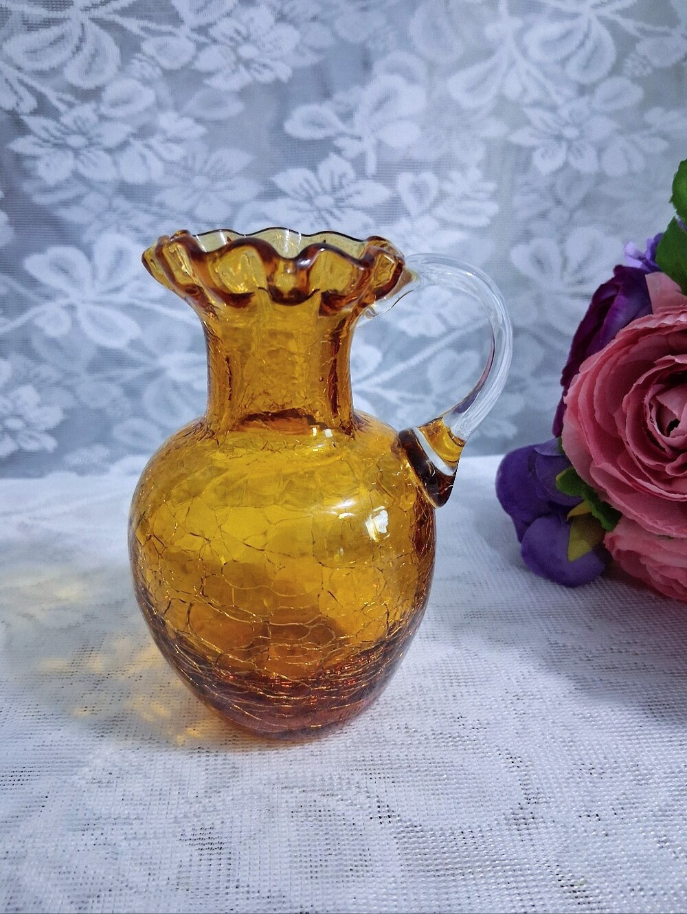 Vintage Crackle Glass Honey Amber Mini Pitcher Creamer Ruffle Top Mid-century